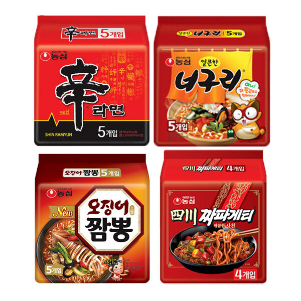 신라면 5봉 + 너구리 5봉 + 사천짜파게티 4봉 + 오징어짬뽕 5봉 (총 19봉)