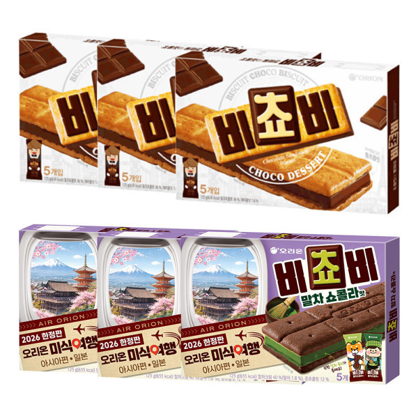 오리온 비쵸비 초코 5P 125g 3박스 + 말차쇼콜라 5P 125g 3박스