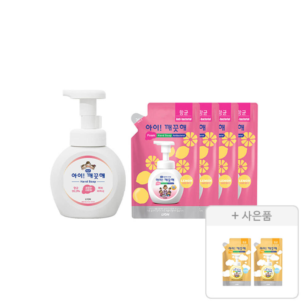 아이깨끗해 핸드워시 용기 레몬 250ml, 1개+리필 200ml, 4개+증정(순 100ml, 2개)