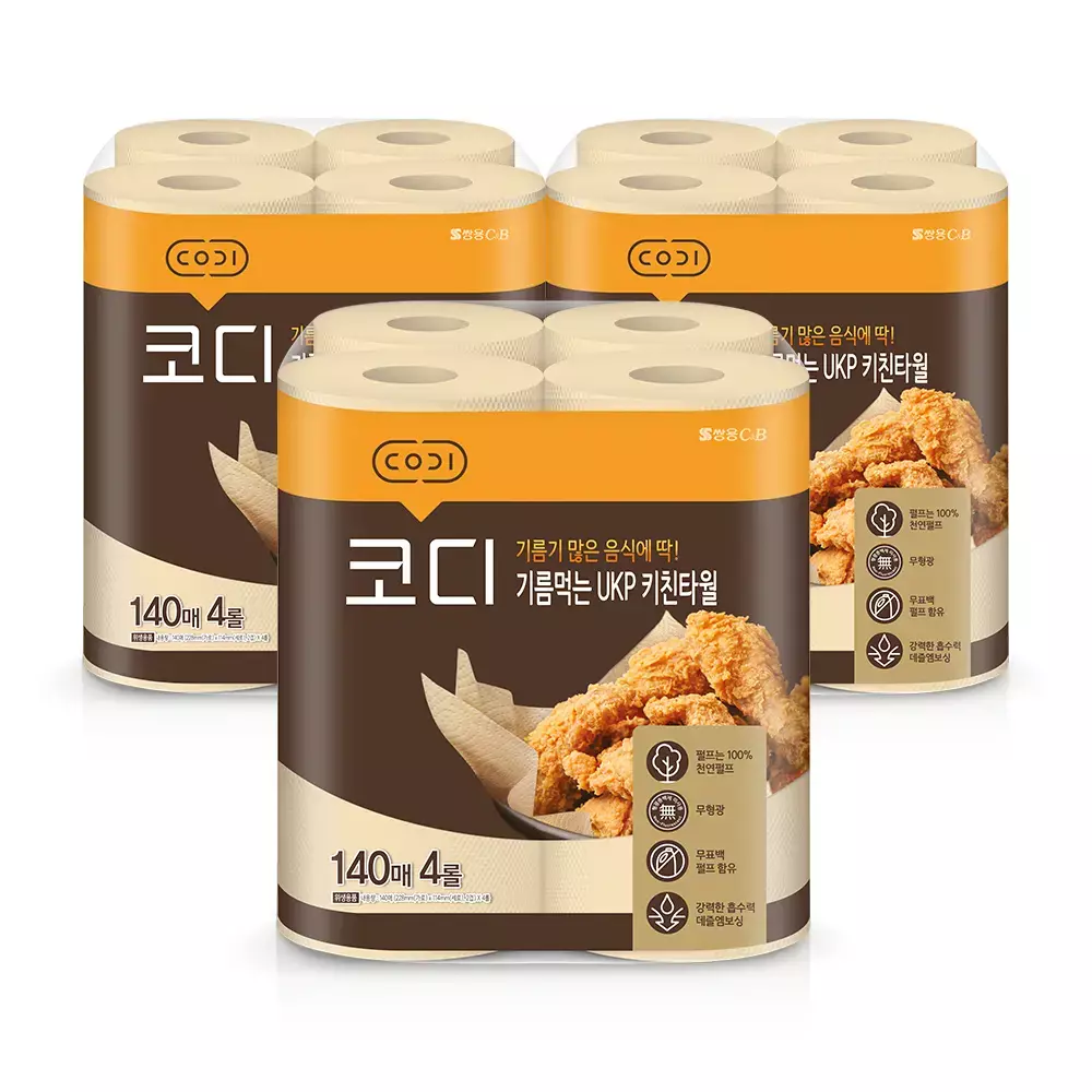 코디 기름먹는 UKP 키친타월, 140매, 4롤, 3개