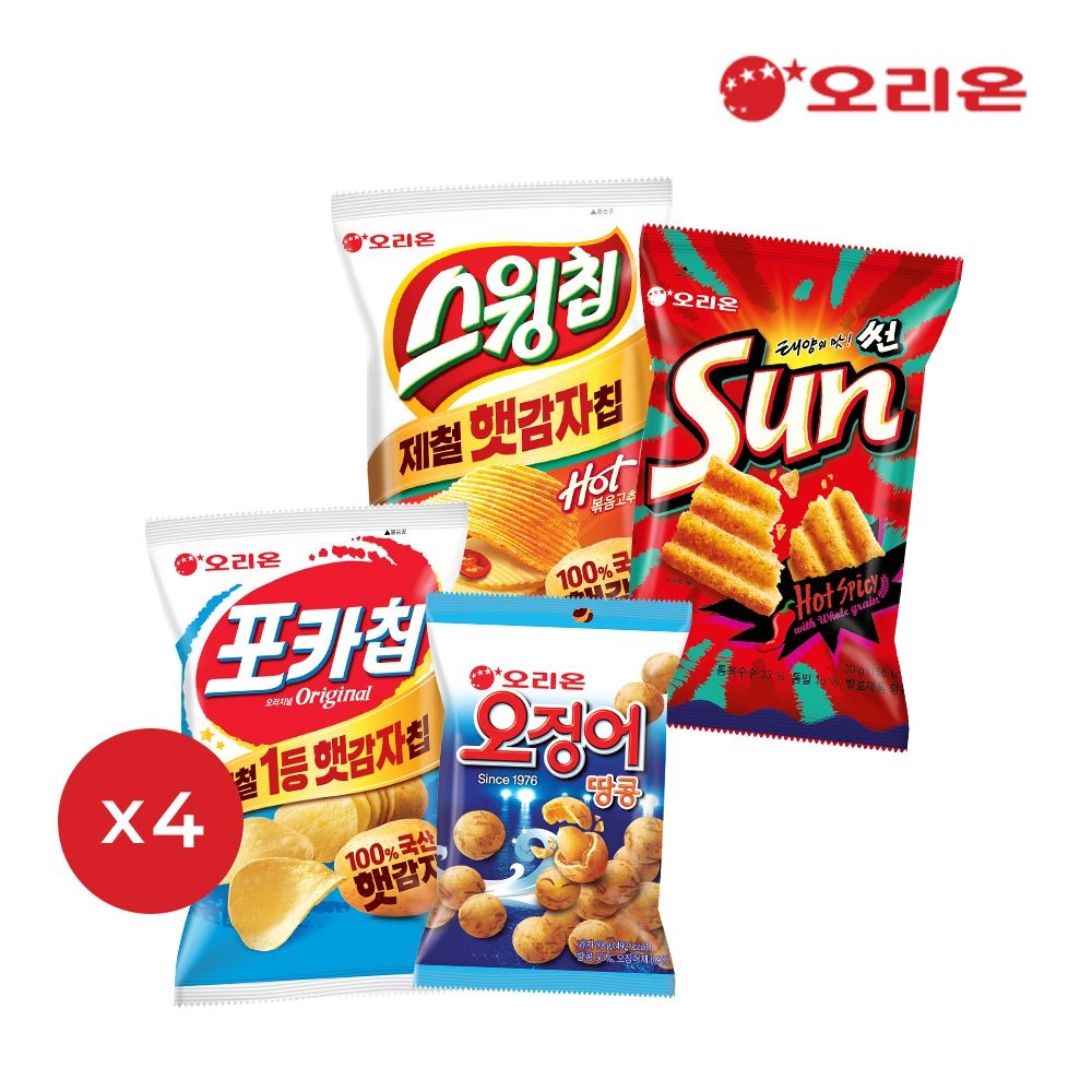 [오리온][딜크릿] 오리온 베스트 스낵세트(4종16봉, 햇감자 포카칩4+오땅4+스윙볶음고추장4+썬핫4) : 롯데ON