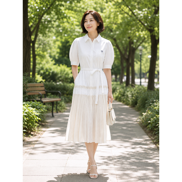 여성 화이트 스트랩 면혼방 셔츠형원피스 HSDR4B404WT