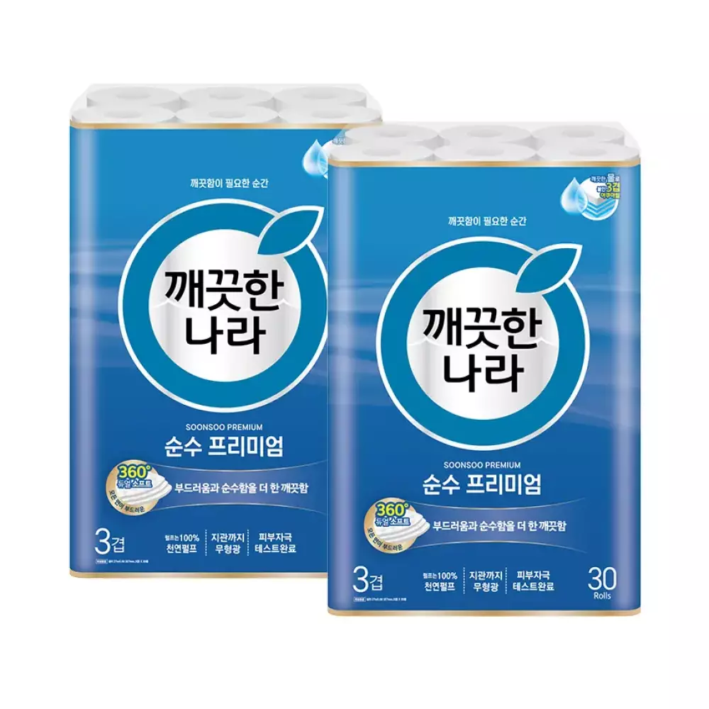 깨끗한나라 천연펄프 3겹 순수 프리미엄, 27m, 30롤, 2개