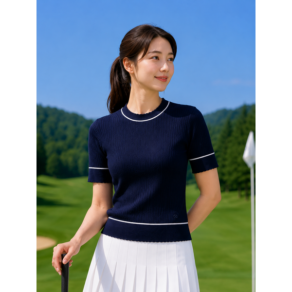 여성 네이비 반팔 로고 자가드 니트 티셔츠 HWSW4B353N2