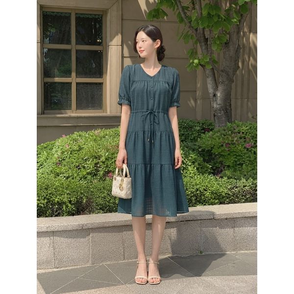 [지센] (2컬러) 체크 허리스트링 플레어튜닉 원피스 LFOPP505