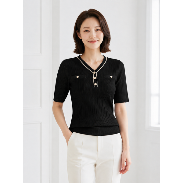 [PAT 여성] 5부 단추 브이넥 스웨터_1L43201