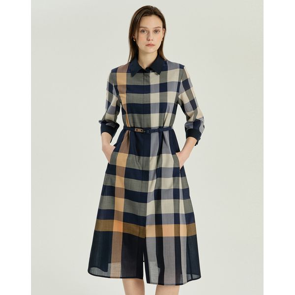 26SS 다크네이비 체크 벨티드 집업 원피스 DLDR6B301N3