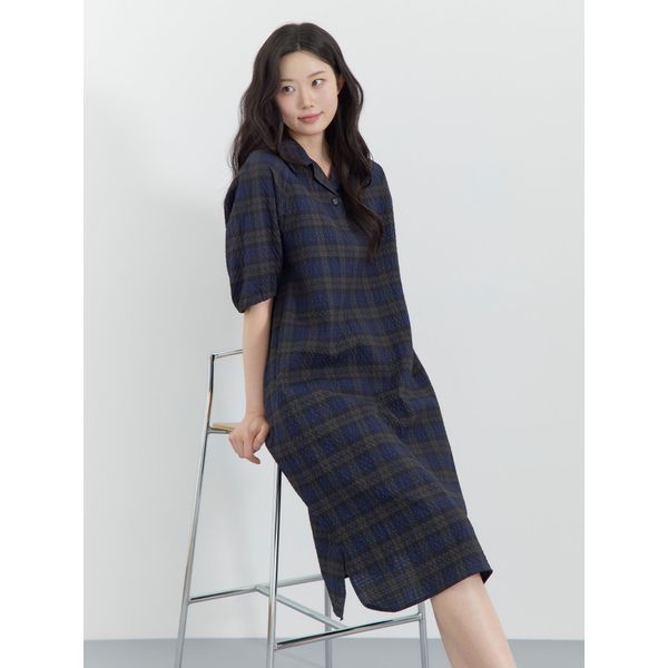 체크 써커 반집업 볼륨 소매원피스 LCOPQ524_NA