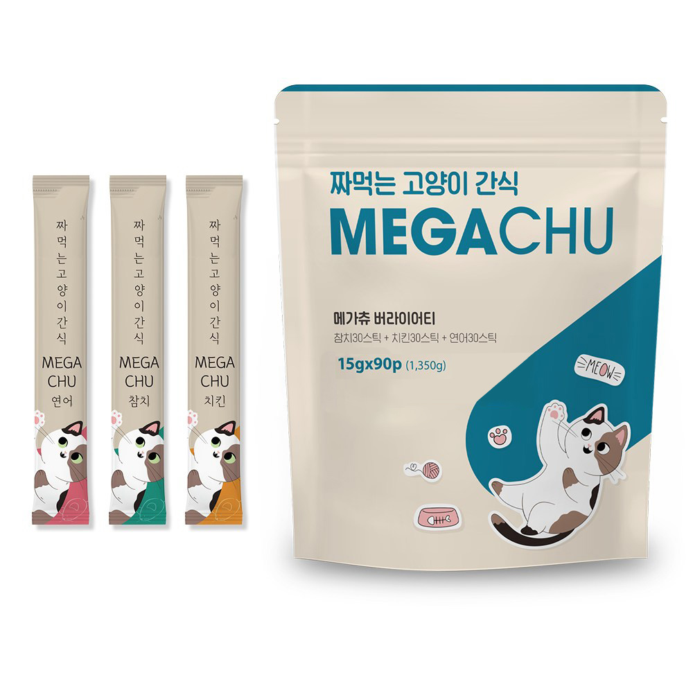 다시 돌아온 메가츄 짜먹는 고양이 간식 츄 90스틱 대용량, 2개