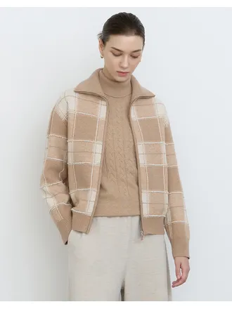 [40사이즈 한정] 베이지 빅체크 카라형 집업 가디건 DLSW4D905I2