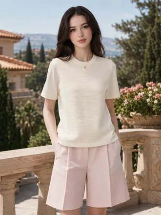 아이보리 소재배색 반팔티셔츠 DLTS4B403IV