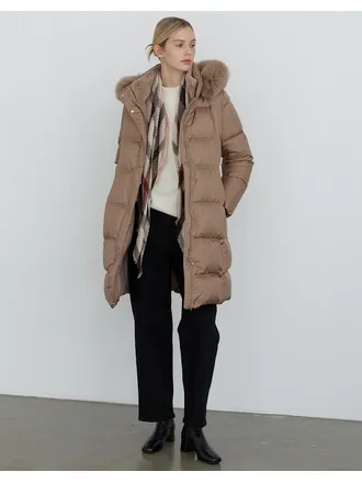 베이지 폭스퍼 탈착 후드 렉스퍼넥 롱 헤비다운점퍼 DLJU4DE05I3