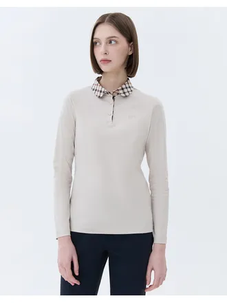여성 베이지 체크카라 코튼 긴팔폴로티셔츠 (BEIGE) WNTS4A001I2